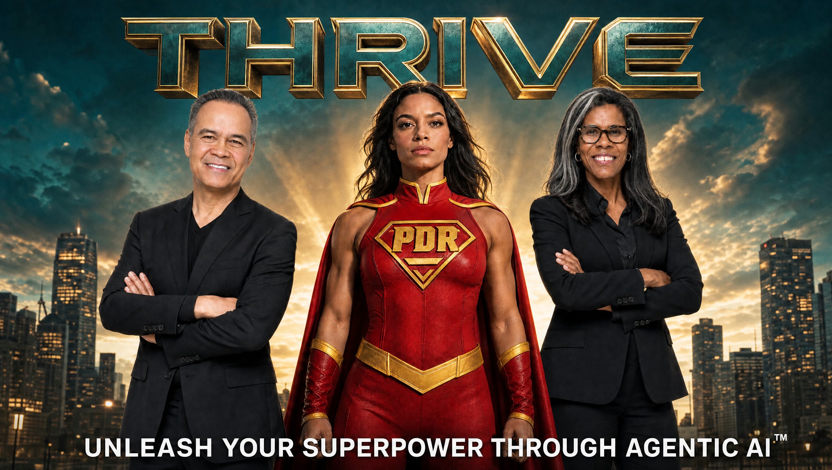 THRIVE — Unleash your superpower through agentic AI™. THRIVE DOCTOR™, Special Agent Rivera, and Ethica against a city skyline.